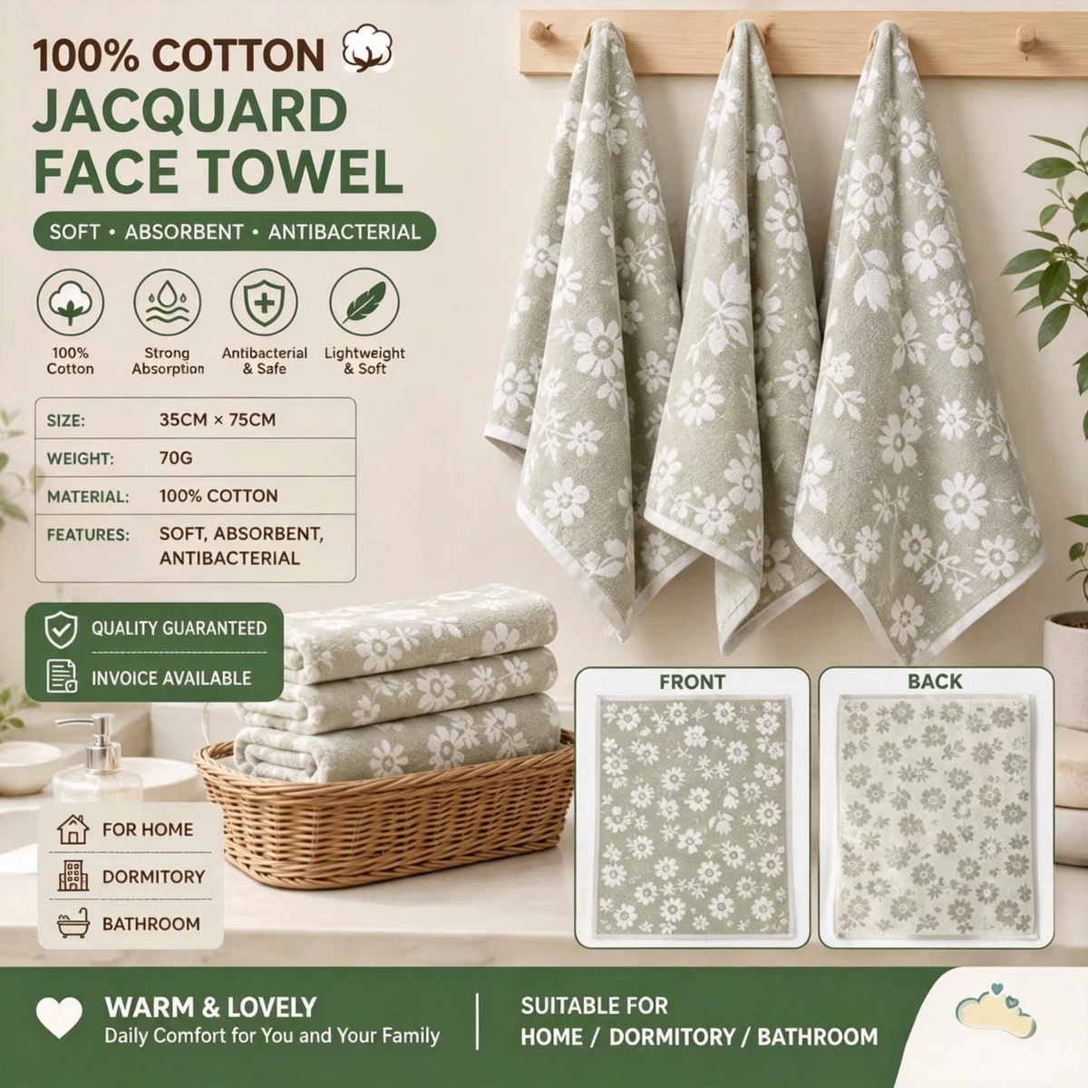 Vosges 100% Cotton Jacquard Towel, Cartoon Floral Double‑Sided Terry Hand Towel, Absorbent, Antibacterial, Anti‑Pilling for Home, Dorm, Bathroom, Students