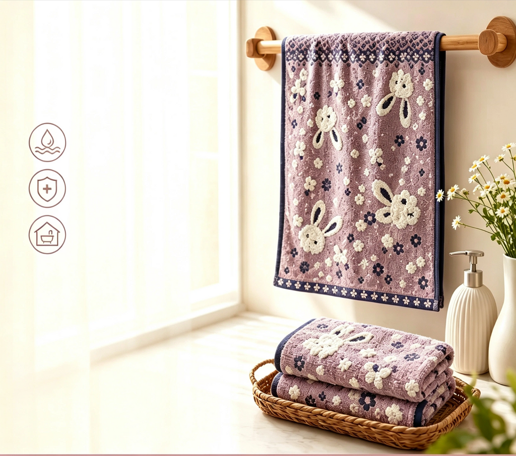 Vosges 100% Cotton Double-Sided Terry Jacquard Face Towel for Kids, Antibacterial, Absorbent & Quick Dry, Soft Skin-Friendly for Bathroom & Home, Random Pattern, 34×80cm