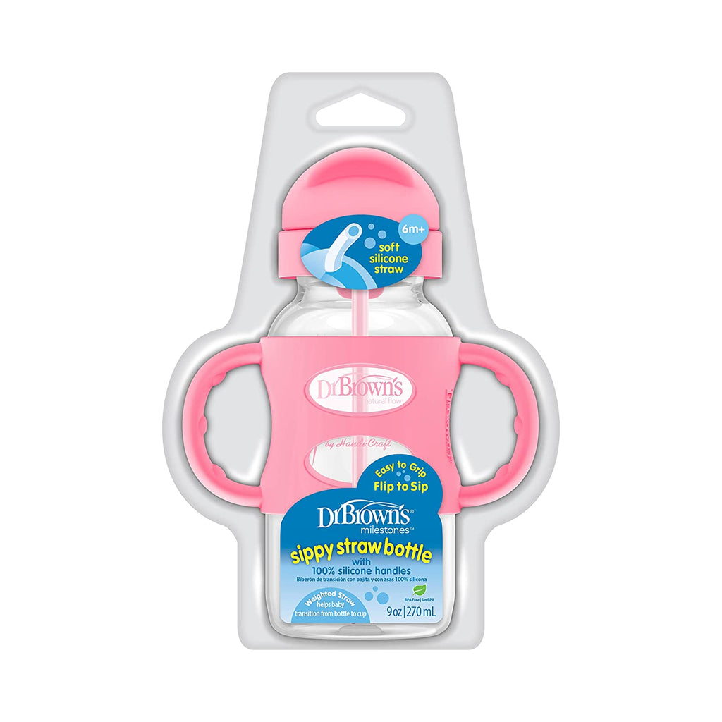 Dr. Brown’s Milestones Wide-Neck Sippy Straw Bottle with Silicone Handles, 9oz, Pink, 1 Pack, 6m+
