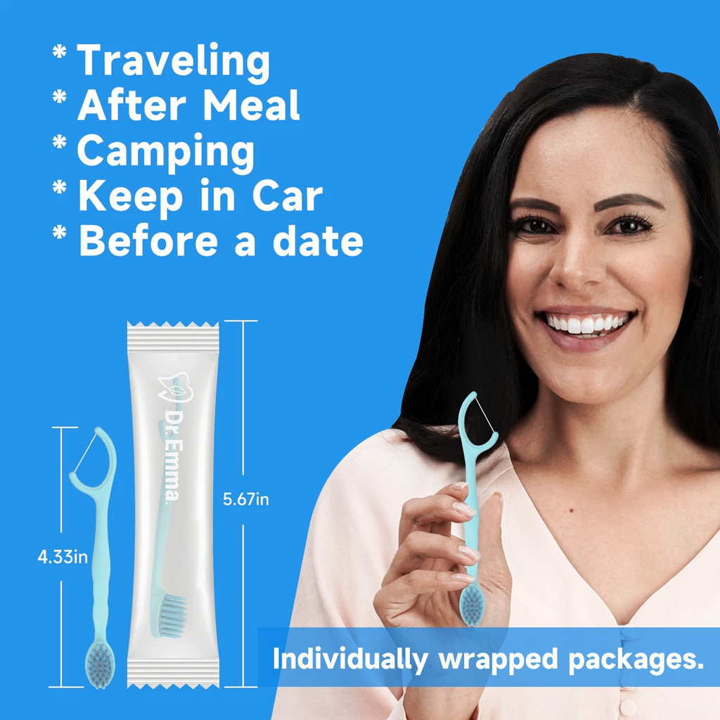 Dr.Emma 2‑in‑1 Portable Disposable FlossBrush, 24 Pack No‑Rinse Travel Oral Care