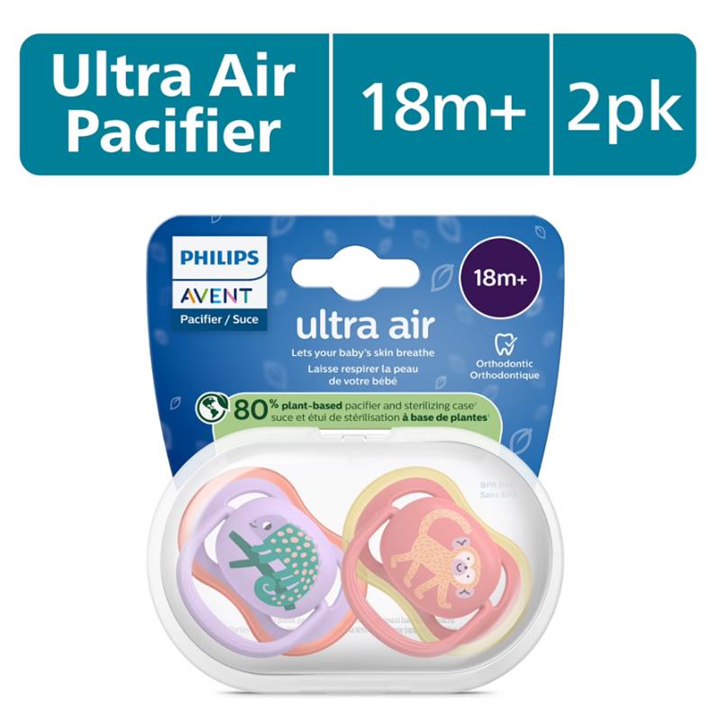Avent 2Pk Ultra Air Pacifier 18M+, Chameleon/Monkey
